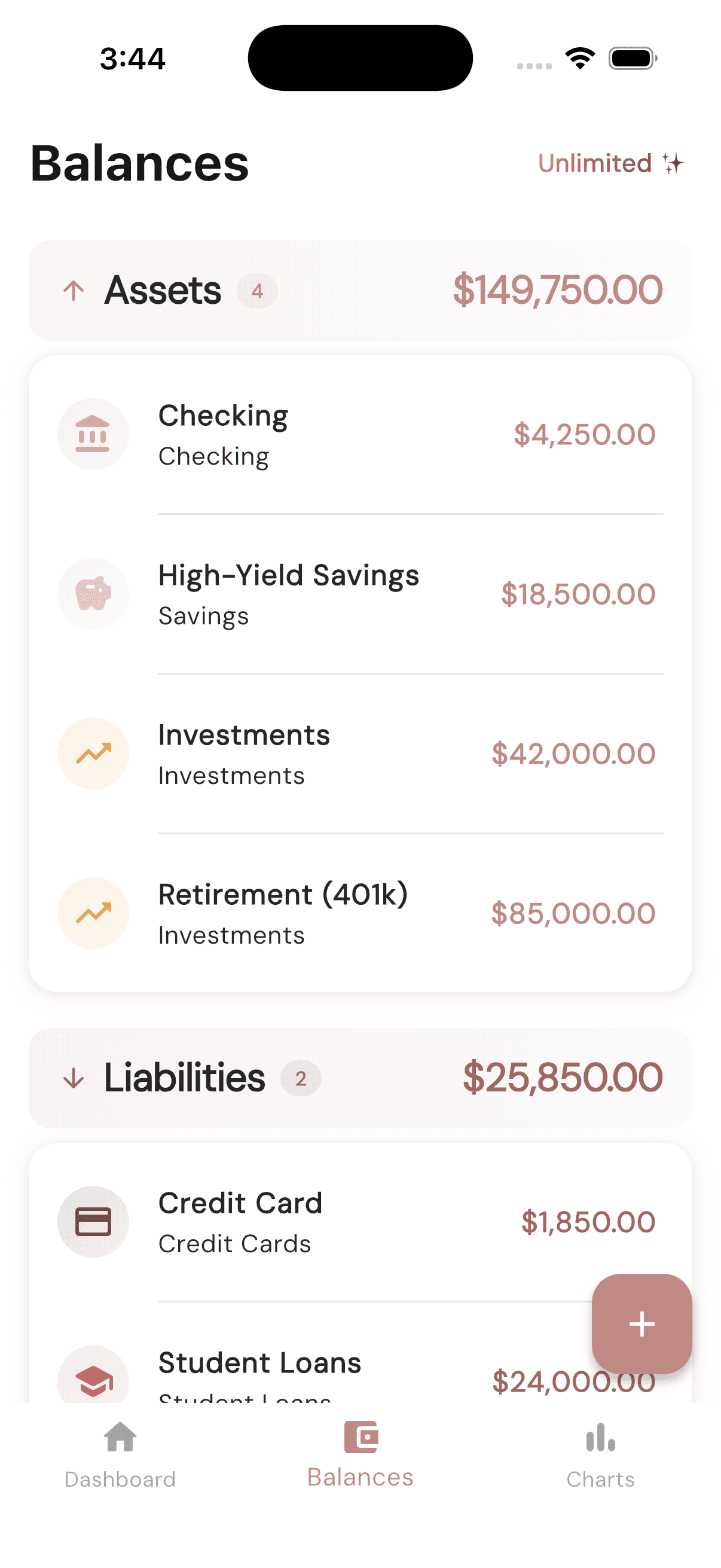 CustomWorth balances screen showing assets and liabilities with account details
