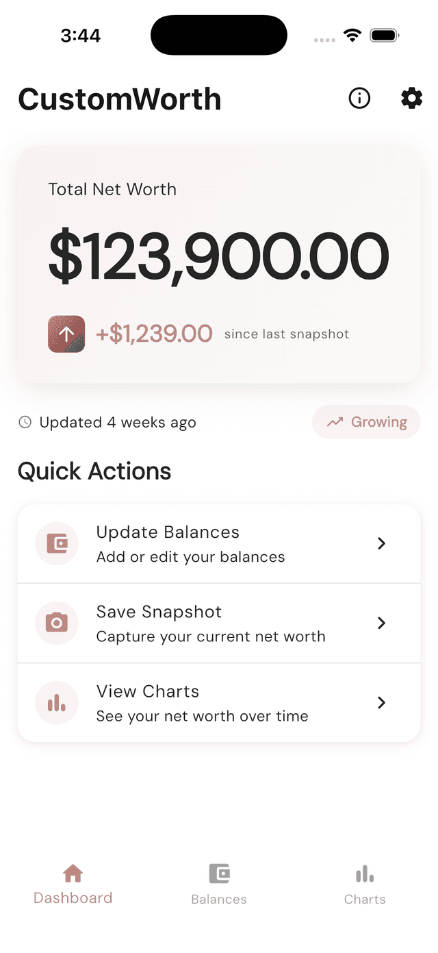 CustomWorth dashboard showing total net worth with trend indicator